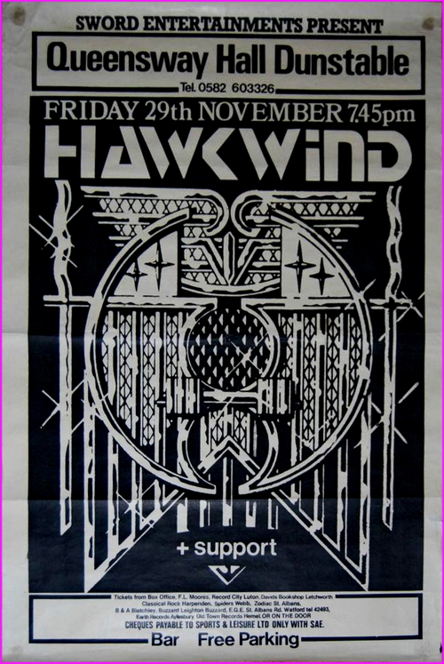 Hawkwind, Dumpys Rusty Nuts play at Dunstable Queensway Hall (Black Sword Tour) 1985